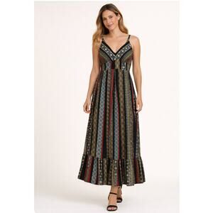 TAHARI BOHO CHIC FLOUNCE HEM MAXI DRESS DEEP ROUNDED V-NECK EMPIRE WAIST SP
